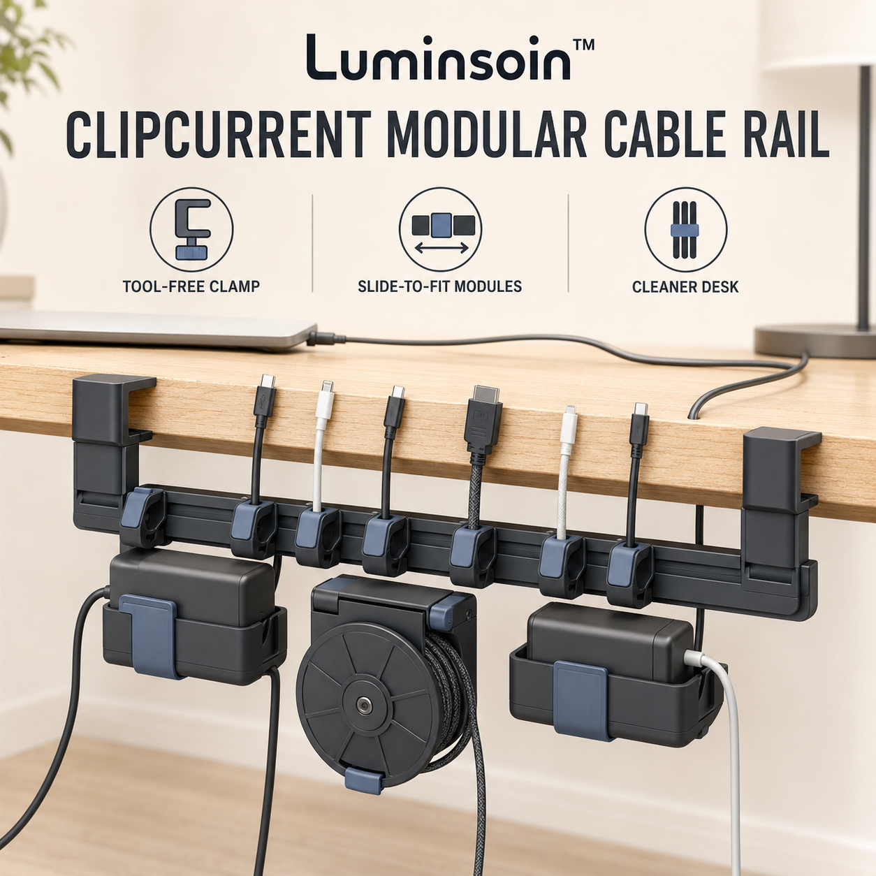 Luminsoin™ ClipCurrent Modular Desk Cable Rail